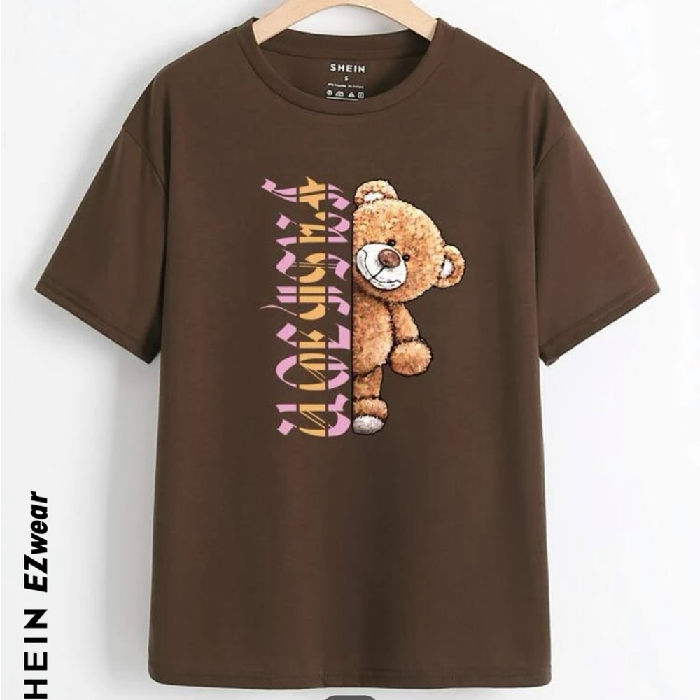 SHEIN EZwear Letter And Bear Graphic Tee